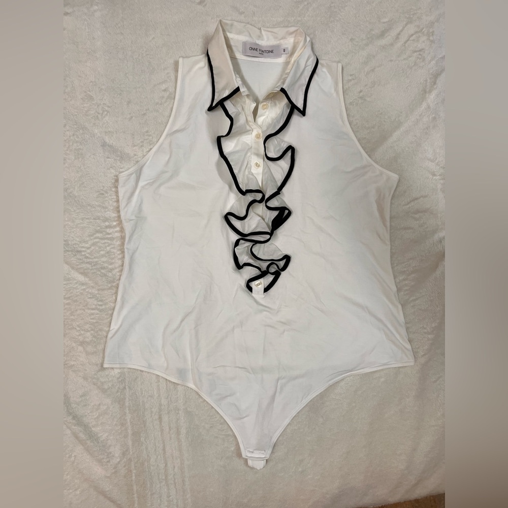 Anne Fontaine White Sleeveless Ruffle-Trim Bodysuit with Black Piping